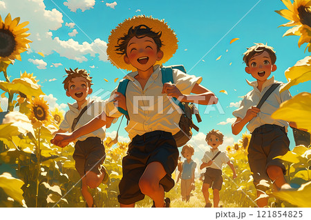 Kids running through a sunflower field on a farm, full of joy and energy. The towering sunflowers sway in the breeze, bathed in golden sunlight for a vibrant, carefree scene 121854825