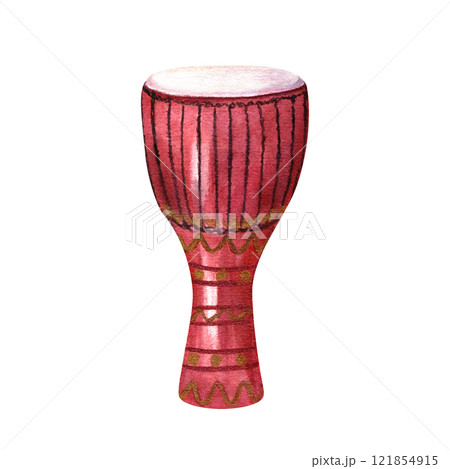 Djembe drum watercolor illustration. Traditional carnival music percussion instrument with golden ornate. Mardi Grass, Brazilian carnival element for greeting card, poster, concert decor 121854915