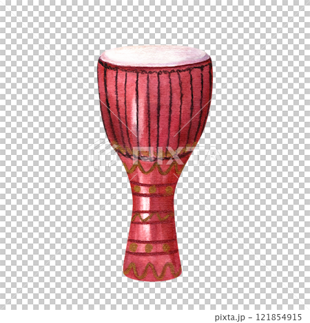 Djembe drum watercolor illustration. Traditional carnival music percussion instrument with golden ornate. Mardi Grass, Brazilian carnival element for greeting card, poster, concert decor 121854915