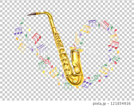 Watercolor shiny brass saxophone and musical notes flying out of instrument illustration. Woodwind gold musical sax in realistic style. Composition for jazz festival or concert design, education cards 121854916