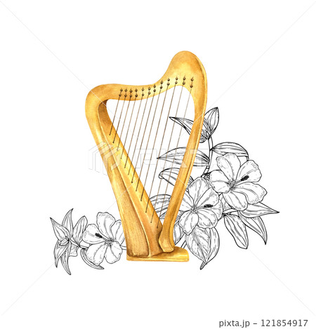 Watercolor classical wooden Celtic Irish harp string on monochrome tropical flowers, leaves illustration. Musical stringed instruments among foliage bouquet. For music jazz festival posters 121854917