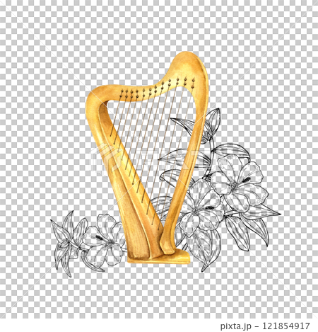 Watercolor classical wooden Celtic Irish harp string on monochrome tropical flowers, leaves illustration. Musical stringed instruments among foliage bouquet. For music jazz festival posters 121854917