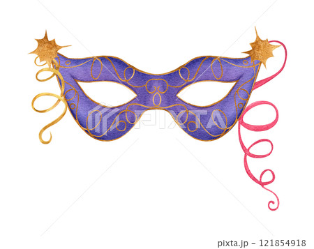 Carnival party mask with golden stars colored swirl ribbons watercolor illustration. Purim, Fat Tuesday, Mardi Gras masquerade festival attribute for greeting card, poster. Brazilian, venetian parade 121854918