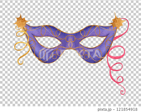 Carnival party mask with golden stars colored swirl ribbons watercolor illustration. Purim, Fat Tuesday, Mardi Gras masquerade festival attribute for greeting card, poster. Brazilian, venetian parade 121854918