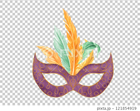 Watercolor masquerade mask with orange, green bird feathers illustration. Elegant Mardi Gras, Brasil festival attribute for carnival costume parade. Greeting cards, poster. invitation Watercolor masquerade mask with orange, green bird feathers illustration. Elegant Mardi Gras, Brasil festival attribute for carnival costume parade. Greeting cards, poster. invitation 121854919