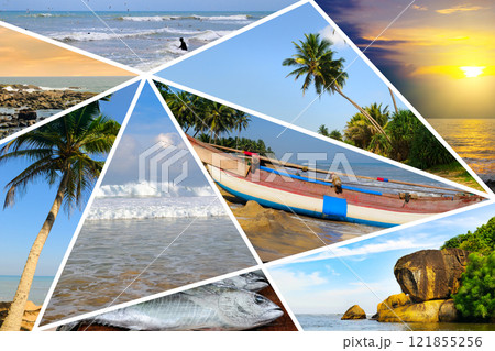 Sea, bright sunset and boat. Concept - travel. Collage. Sea, bright sunset and boat. Concept - travel. Collage. 121855256