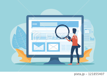 Person examining website content with magnifying glass on computer screen Person examining website content with magnifying glass on computer screen 121855407