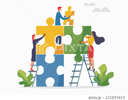People on ladders assembling large puzzle pieces, representing collaborative teamwork 121855413