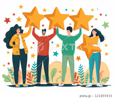Diverse group holding golden stars, celebrating success with decorative elements and plants 121855415