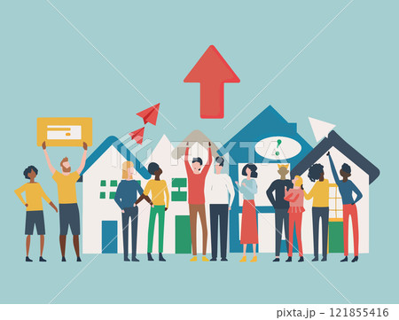 Diverse group standing near houses with upward arrow, representing community progress 121855416