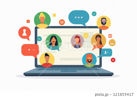 Digital workspace showing online team meeting with profile avatars and chat bubbles 121855417