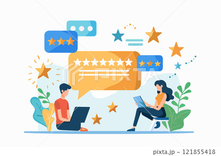 People reviewing and rating service with star system and chat bubbles in nature setting 121855418
