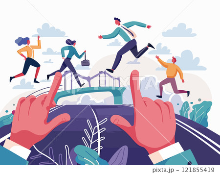 People running across bridge pathway, symbolizing career race and professional growth 121855419