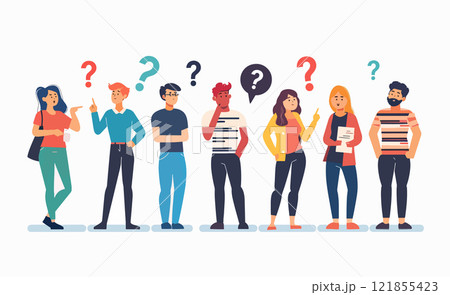 Modern illustration of diverse people with question marks showing curiosity and confusion 121855423