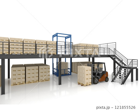 mezzanine warehouse with cardboard boxes on pallets and forklift , 3d rendering 121855526