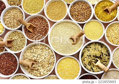 Colorful mix of grain varieties: oat and wheat, rice and millet, buckwheat and barley, quinoa and polenta. Food ingridients for healthy diet background, selective focus 121855603