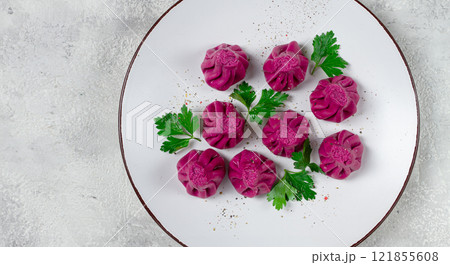 beetroot khinkali, mini khinkali, purple, Georgian cuisine, no people, beetroot khinkali, mini khinkali, purple, Georgian cuisine, no people, 121855608