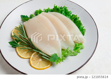 Fresh body, squid, raw, three carcasses, top view, no people , on a plate, Fresh body, squid, raw, three carcasses, top view, no people , on a plate, 121855614