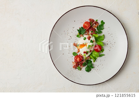 poached egg, with bacon and vegetables, breakfast, homemade, poached egg, with bacon and vegetables, breakfast, homemade, 121855615