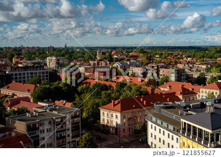 KLAIPEDA, LITHUANIA - JUNE 2022. Scenic aerial view of the Old town of Klaipeda from Amberton Hotel. City centre area, mai nstreet and surrounding old architectue on chilly sumemer day KLAIPEDA, LITHUANIA - JUNE 2022. Scenic aerial view of the Old town of Klaipeda from Amberton Hotel. City centre area, mai nstreet and surrounding old architectue on chilly sumemer day 121855627