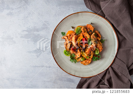 Salad, crispy eggplant in batter, with cherry, sesame seeds, olive oil, homemade, no people, 121855683