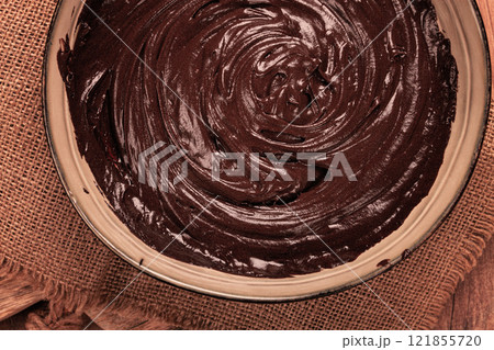 a bowl of chocolate dough , baking, structure and consistency, homemade, top view, no people, a bowl of chocolate dough , baking, structure and consistency, homemade, top view, no people, 121855720