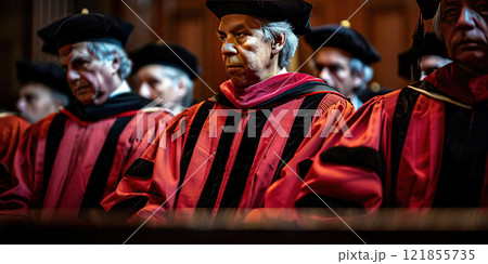 Judge in robe presides over process, reads verdict at justice trial in courthouse in vintage wooden interior. 121855735