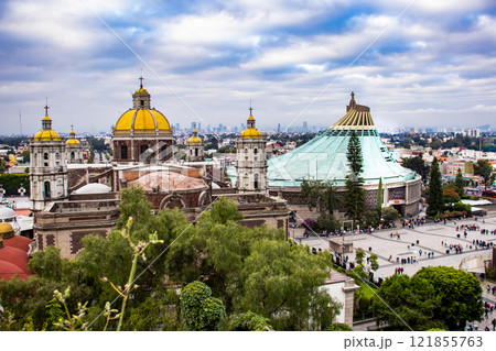 View of the Sanctuary of the Virgin of Guadalupe from Tepeyac Hill in Mexico City. 121855763