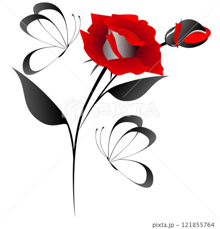 Red rose with butterflies, design element. 121855764