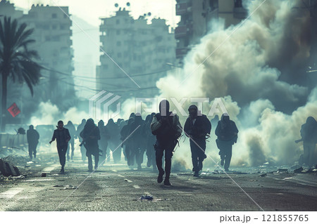 Arab protest of aggressive Muslim people, armed angry activists fleeing. Burning cars, police with guns. 121855765