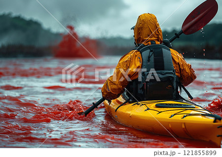 A solitary kayak navigates a thick blood red river under overcast skies during a mysterious event 121855899