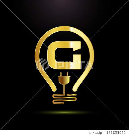 English alphabet with an electric bulb and plug. Electricity logo design template gold color style 121855952