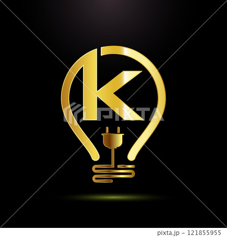 English alphabet with an electric bulb and plug. Electricity logo design template gold color style English alphabet with an electric bulb and plug. Electricity logo design template gold color style 121855955