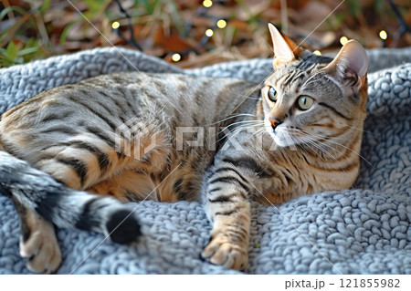 An Egyptian Mau cat lounging comfortably on a cozy bed with soft textures in a serene setting 121855982