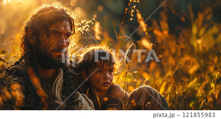 A primitive Neanderthal family with children in a wild Stone Age forest. 121855983