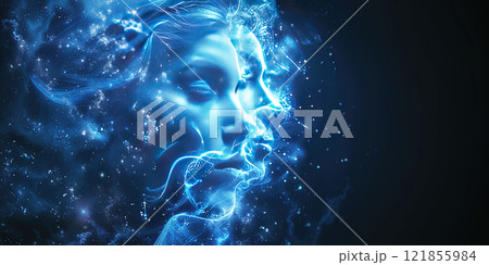 Gemini people with face close-up, east zodiac horoscope constellation symbol, blue fiery neon background. 121855984