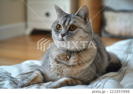 American shorthair cat pet, beautiful fur purebred pedigree in home apartment on bed. American shorthair cat pet, beautiful fur purebred pedigree in home apartment on bed. 121855998