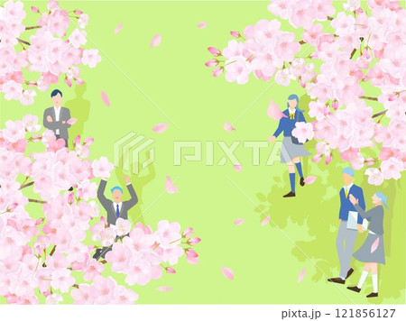 上から見た桜と学生男女ー全身ー卒業入学ー桜舞い散る背景ベクターイラスト素材 上から見た桜と学生男女ー全身ー卒業入学ー桜舞い散る背景ベクターイラスト素材 121856127