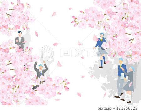 上から見た桜と学生男女ー光と影ー全身ー卒業入学ー桜舞い散る背景ベクターイラスト素材 上から見た桜と学生男女ー光と影ー全身ー卒業入学ー桜舞い散る背景ベクターイラスト素材 121856325