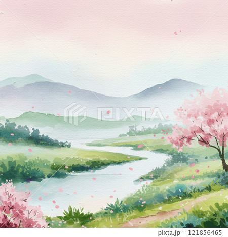 早春の山里の桜と山並み（水彩画風）のイラスト素材 [121856465] - PIXTA