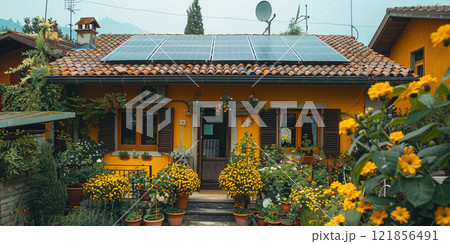 Solar panel on the roof of a private house, renewable alternative technology green energy. 121856491