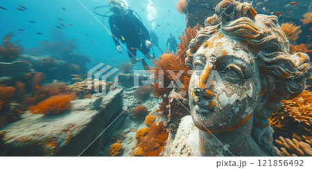 Diving professional sunken city civilization, scuba diver archaeologist among the ruins of columns and statues with colorful corals and fish. 121856492