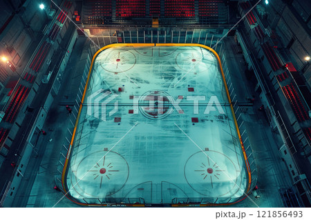 Aerial view of a well lit ice hockey stadium with empty spectator seats before the match 121856493