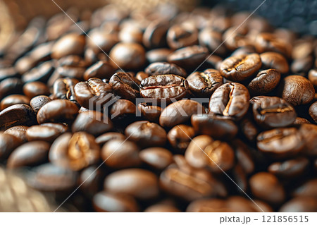 Coffee beans close-up macro, brown black caffeine ingredient texture. 121856515