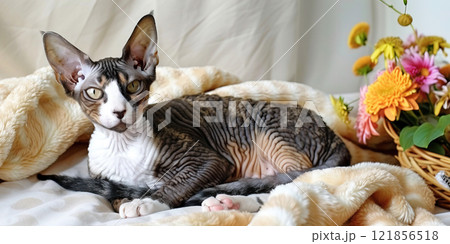 Cornish Rex cat pet, beautiful fur purebred pedigree in home apartment on bed. Cornish Rex cat pet, beautiful fur purebred pedigree in home apartment on bed. 121856518