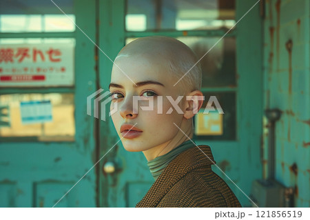 A confident bald girl stands before a clinic showing her resilience against cancer A confident bald girl stands before a clinic showing her resilience against cancer 121856519