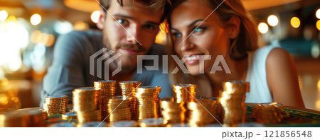 Couple celebrating casino success with gold coins and white dice at a lively gaming table. Header banner mockup with copy space. Couple celebrating casino success with gold coins and white dice at a lively gaming table. Header banner mockup with copy space. 121856548