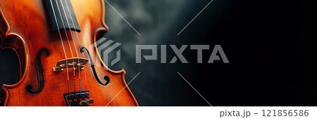 Close up view of a classic violin showcasing its beautiful craftsmanship and elegant design. Header banner mockup with copy space. Close up view of a classic violin showcasing its beautiful craftsmanship and elegant design. Header banner mockup with copy space. 121856586