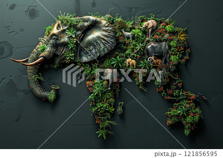 Volumetric toy map with trees, animals surrounded by oceans, continental cartography. 121856595