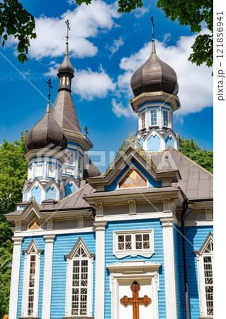 A very old historic blue church in Druskininkai. Orthodox Joy of All Who Sorrow church at the center of Druskininkai, Lithuania. A very old historic blue church in Druskininkai. Orthodox Joy of All Who Sorrow church at the center of Druskininkai, Lithuania. 121856941